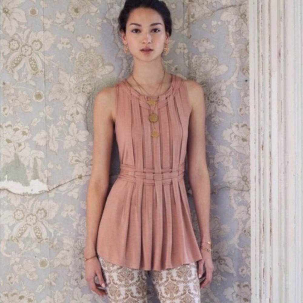 Anthropologie One September Avant Basket-Weave Pleated Dusty Rose Blouse SM